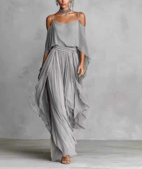 Timeless Grey Flowy Chiffon Womens Cold Shoulder Wide Leg Trouser Pants Set