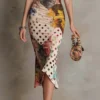 Vintage Lace Trim Ruched Floral Polka Dot Stretchy Womens Midi Dress
