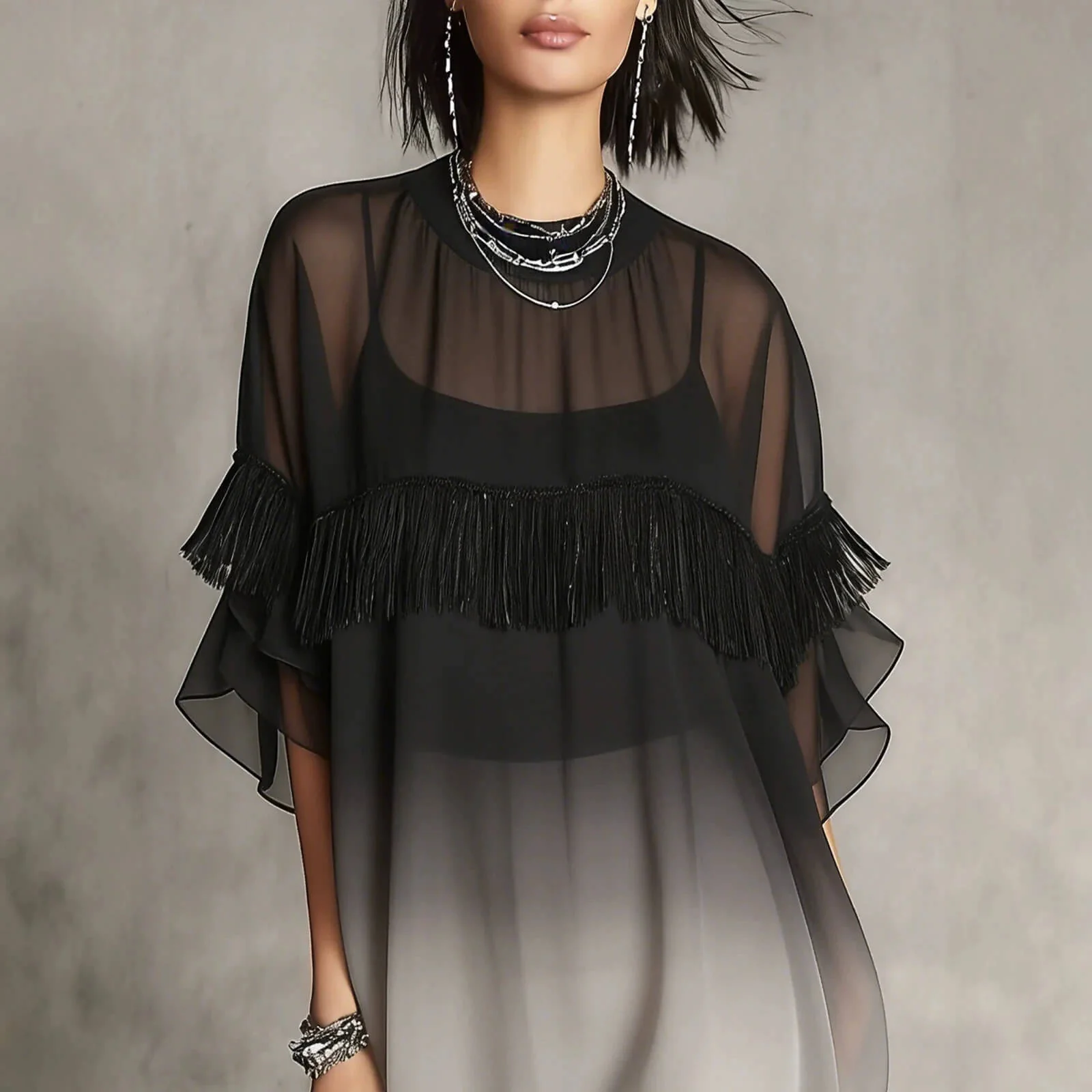 Streetwear Fringed Ombre Sheer Polyester Womens Mini Dress