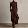 Timeless Stretchy Polyester Womens Turtleneck Irregular Hem Maxi Dress