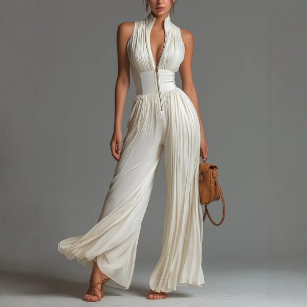 Minimalist Commuter Cream Pleated Wide Leg Womens Jumpsuit