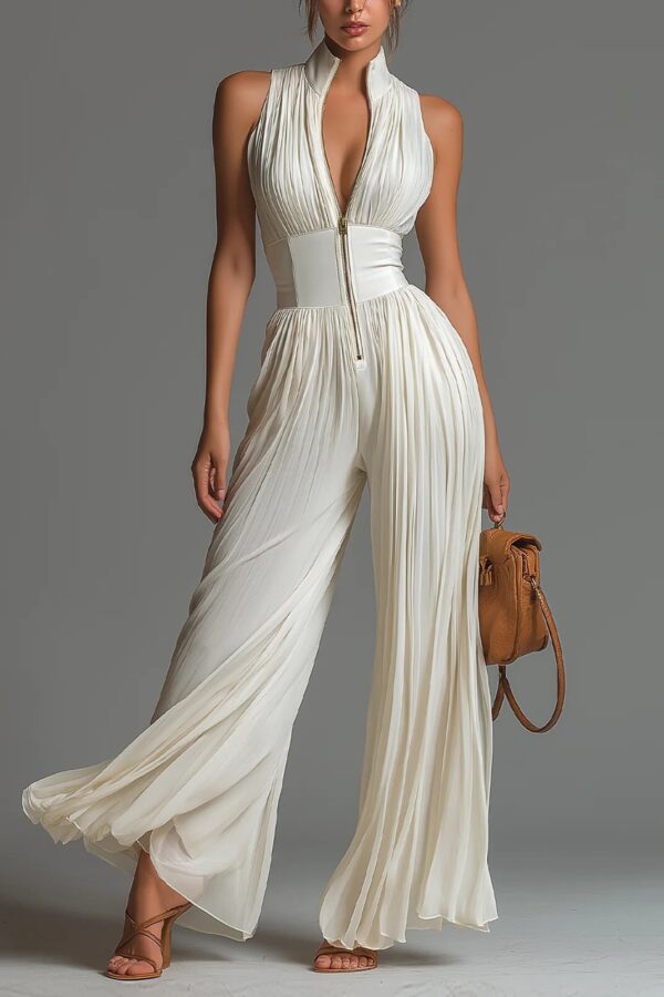 Minimalist Commuter Cream Pleated Wide Leg Womens Jumpsuit