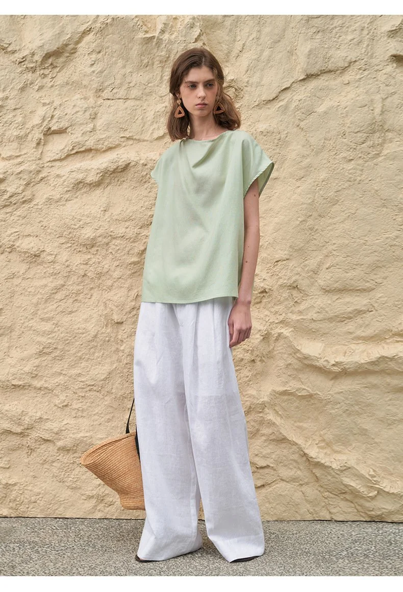 Minimalist Breathable Linen Lyocell Womens Wide Leg Trousers