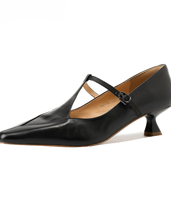 Timeless Genuine Leather Womens Pointed Toe Kitten Heel Mary Janes