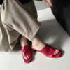 Minimalist Breathable Sheepskin Womens Square Toe Block Heel Mules