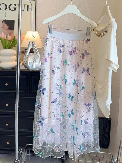 Boho Sequin Embroidered Butterfly Mesh Womens A Line Midi Skirt
