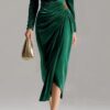 Timeless Ruched Velvet Womens Long Sleeve Bodycon Midi Dress