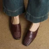 Minimalist Woven Genuine Leather Womens Square Toe Flat Mules