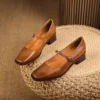 Timeless Washed Leather Womens Square Toe Block Heel Mary Janes