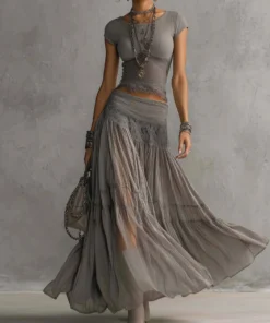 Boho Fringe Lace Shirred Womens Grey Two Piece Maxi Skirt Set