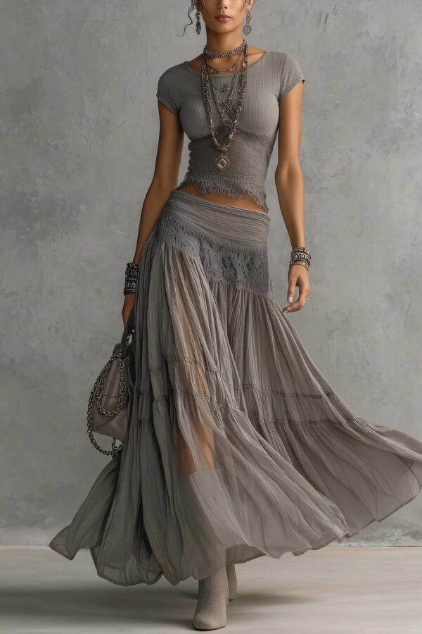 Boho Fringe Lace Shirred Womens Grey Two Piece Maxi Skirt Set