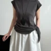 Minimalist Breathable Cotton Blend Womens Asymmetric Hem Cap Sleeve T Shirt