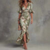 French Riviera Floral Printed Ruffled Satin Womens Bodycon Maxi Dress