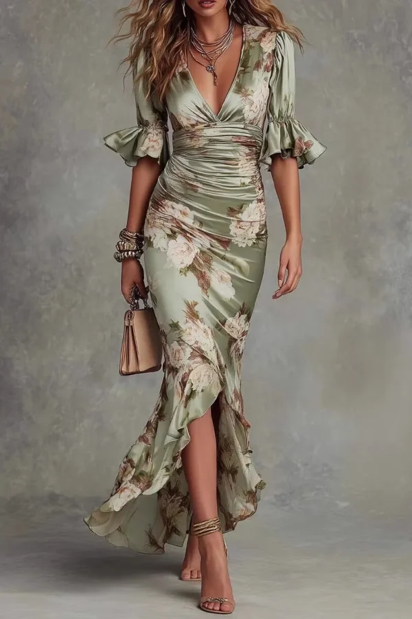 French Riviera Floral Printed Ruffled Satin Womens Bodycon Maxi Dress