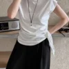 Minimalist Breathable Cotton Blend Womens Asymmetric Hem Cap Sleeve T Shirt