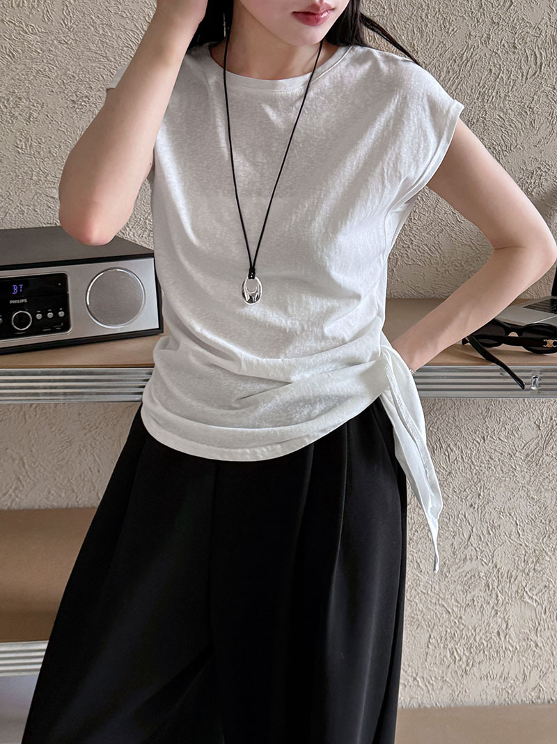 Minimalist Breathable Cotton Blend Womens Asymmetric Hem Cap Sleeve T Shirt
