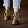 Vintage Top Grain Cowhide Womens Square Toe Block Heel Ankle Boots