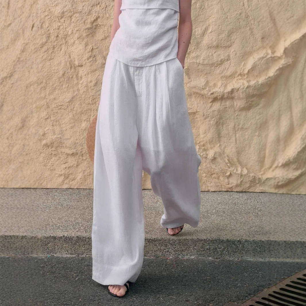 Minimalist Breathable Linen Lyocell Womens Wide Leg Trousers