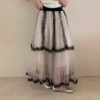 French Riviera Polka Dot Mesh Frilled Womens Tiered Maxi Skirt