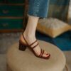 Minimalist Cowhide Womens Square Toe Buckle Block Heel Sandals