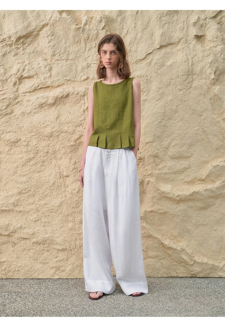 Minimalist Breathable Linen Lyocell Womens Wide Leg Trousers