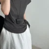 Minimalist Breathable Cotton Blend Womens Asymmetric Hem Cap Sleeve T Shirt