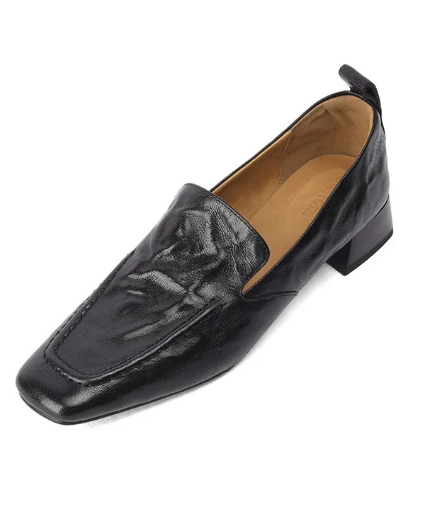 Timeless Crinkled Sheepskin Womens Square Toe Block Heel Loafers