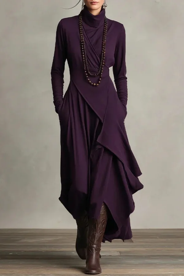 Timeless Stretchy Polyester Womens Turtleneck Irregular Hem Maxi Dress