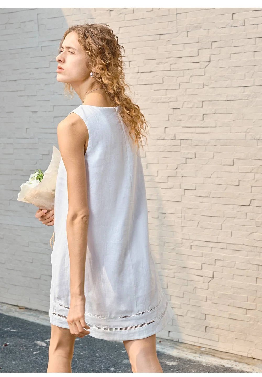 Minimalist Scalloped Edge Linen Blend Womens Sleeveless Midi Dress