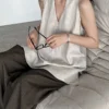 French Riviera Breathable Linen Lyocell Womens Halter V Neck Top