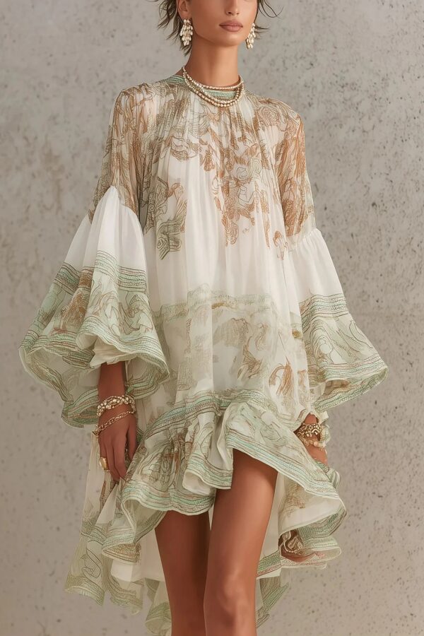 Boho Printed Ruffled Flare Sleeve Stretchy Polyester Womens Mini Dress