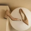 Timeless Grained Cow Leather Womens Pointed Toe Block Heel Court Shoes