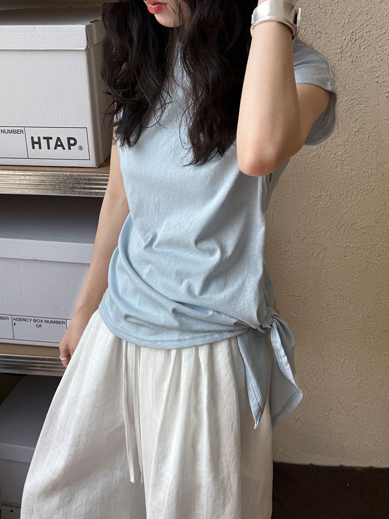 Minimalist Breathable Cotton Blend Womens Asymmetric Hem Cap Sleeve T Shirt
