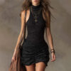 Streetwear Ribbed Ruched Stretchy Polyester Womens Black Mini Dress