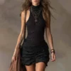 Streetwear Ribbed Ruched Stretchy Polyester Womens Black Mini Dress