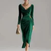Timeless Ruched Velvet Womens Long Sleeve Bodycon Midi Dress
