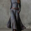 Boho Cotton Blend Spliced Womens High Waist Long Sleeve Maxi Dress