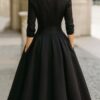 Elegant Timeless Stretch Polyester Womens Lapel High Waist Midi Dress