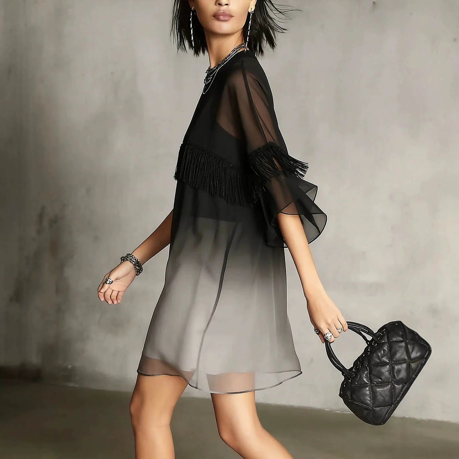 Streetwear Fringed Ombre Sheer Polyester Womens Mini Dress