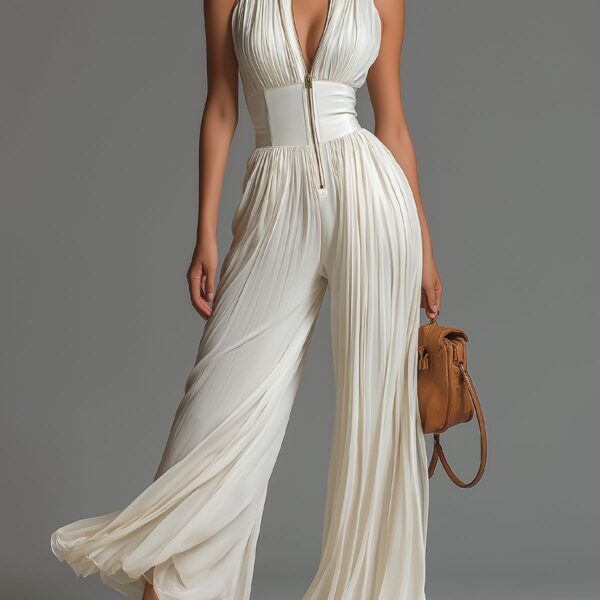 Minimalist Commuter Cream Pleated Wide Leg Womens Jumpsuit