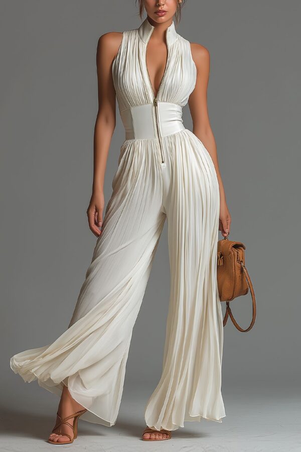 Minimalist Commuter Cream Pleated Wide Leg Womens Jumpsuit