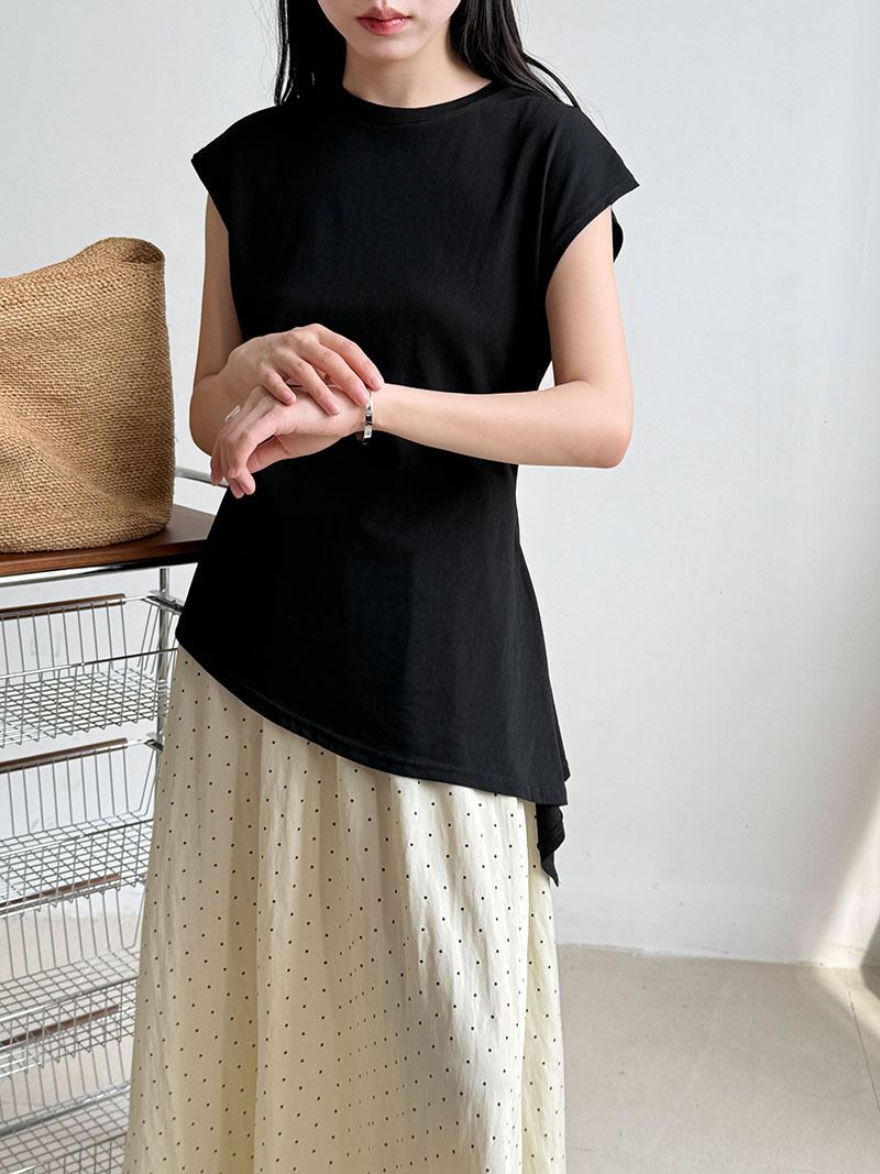 Minimalist Breathable Cotton Blend Womens Asymmetric Hem Cap Sleeve T Shirt