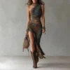 Boho Stretch Polyester Patchwork Ruffled Slit One Shoulder Maxi Dress