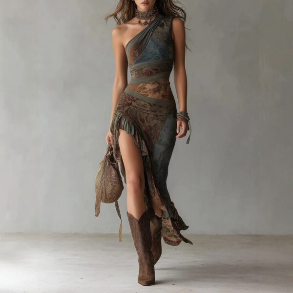 Boho Stretch Polyester Patchwork Ruffled Slit One Shoulder Maxi Dress