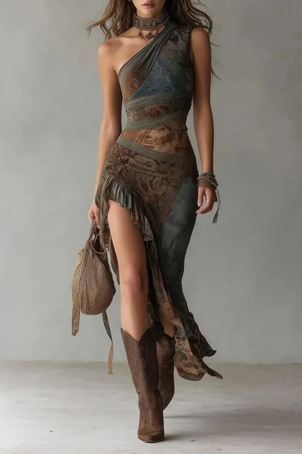 Boho Stretch Polyester Patchwork Ruffled Slit One Shoulder Maxi Dress