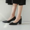 Timeless Grained Cow Leather Womens Pointed Toe Block Heel Court Shoes