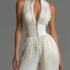 Minimalist Commuter Cream Pleated Wide Leg Womens Jumpsuit