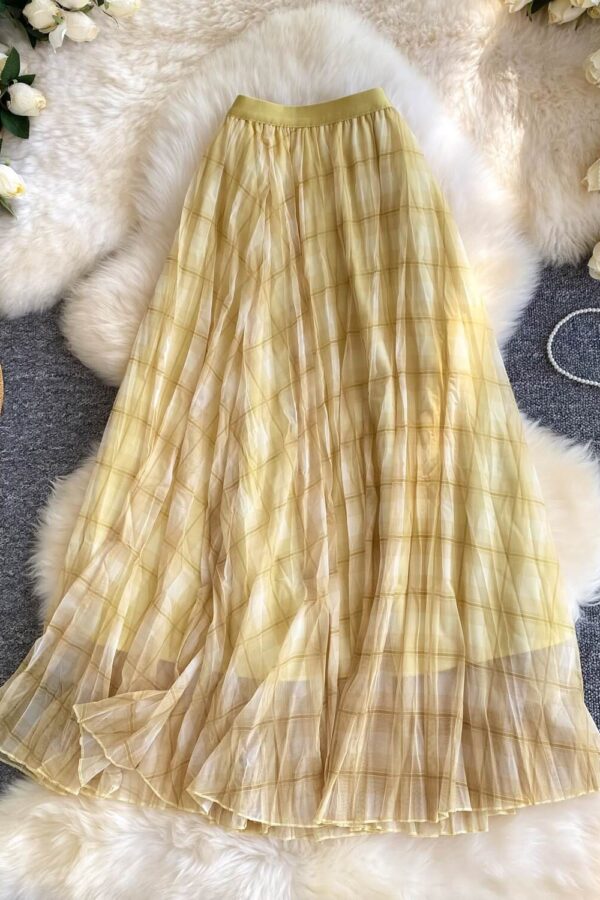 Workwear Breathable Plaid Pleated Mesh Womens Midi Skirt