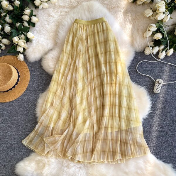 Elegant Breathable Crinkled Plaid Polyester Blend Womens Maxi Skirt