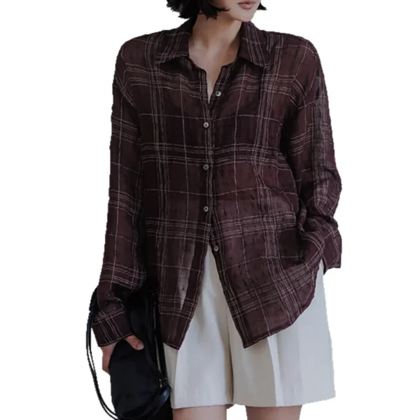 Minimalist Breathable Sheer Pure Cotton Plaid Long Sleeve Shirt